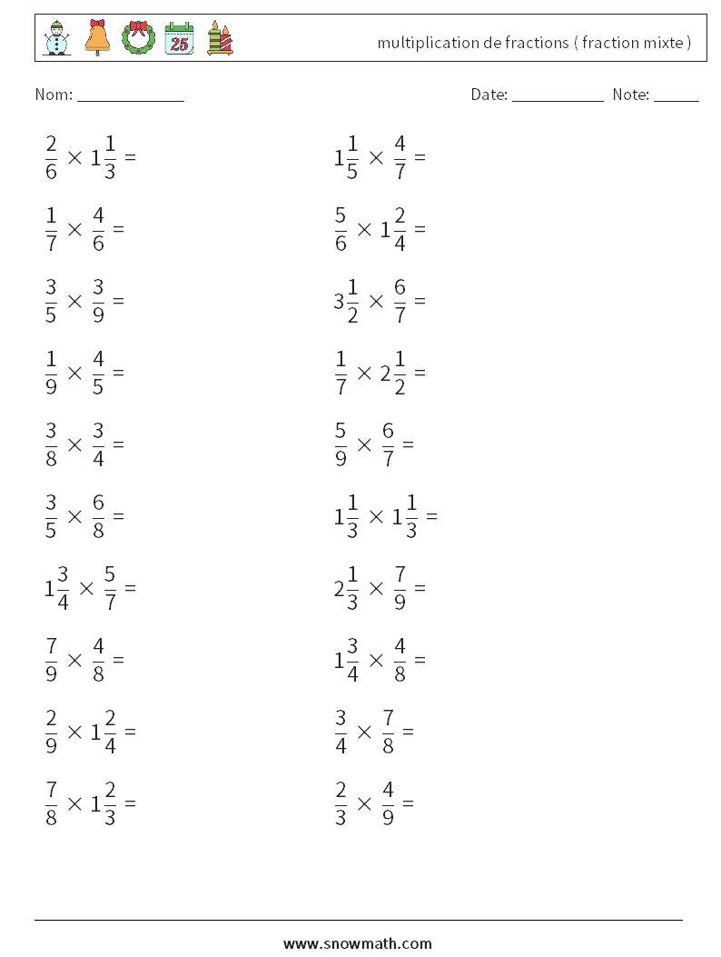 (20) multiplication de fractions ( fraction mixte ) Fiches d'Exercices de Mathématiques 16