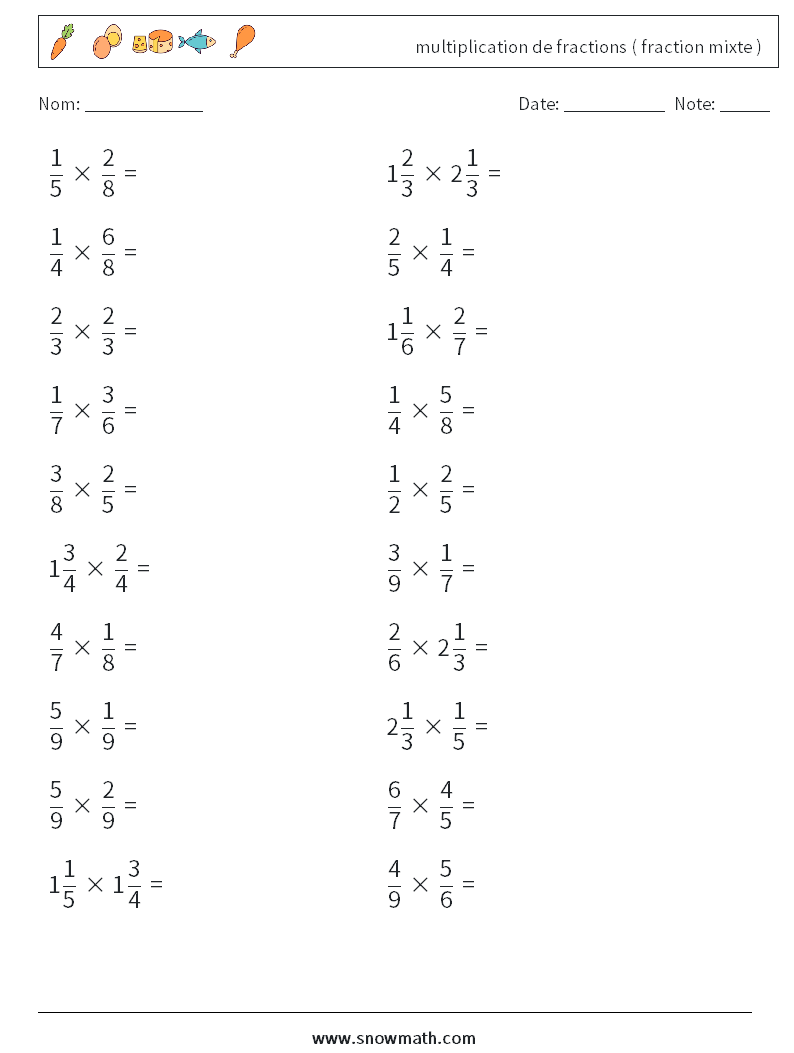 (20) multiplication de fractions ( fraction mixte ) Fiches d'Exercices de Mathématiques 17