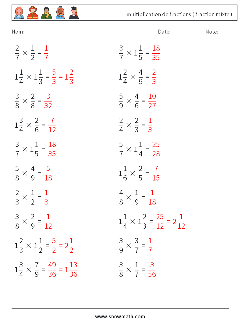 (20) multiplication de fractions ( fraction mixte ) Fiches d'Exercices de Mathématiques 1 Question, Réponse