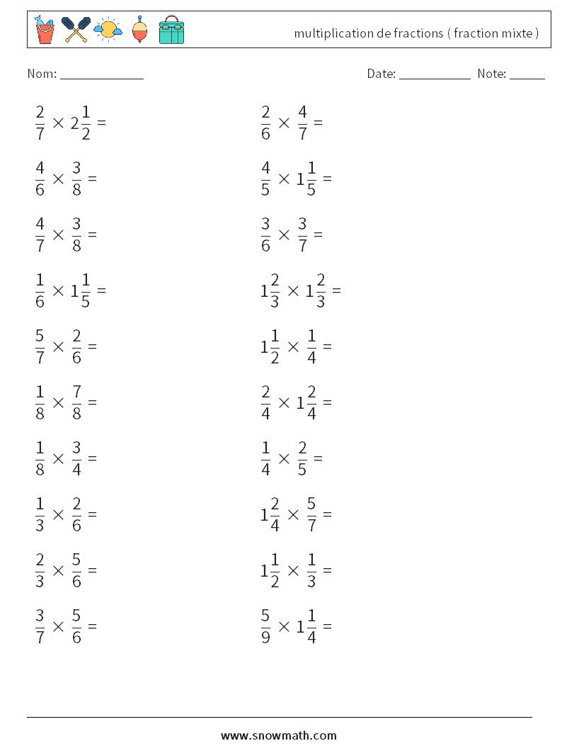 (20) multiplication de fractions ( fraction mixte ) Fiches d'Exercices de Mathématiques 2