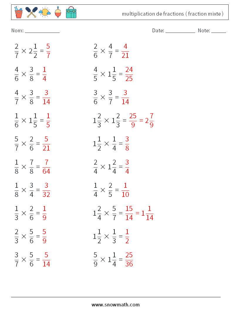 (20) multiplication de fractions ( fraction mixte ) Fiches d'Exercices de Mathématiques 2 Question, Réponse
