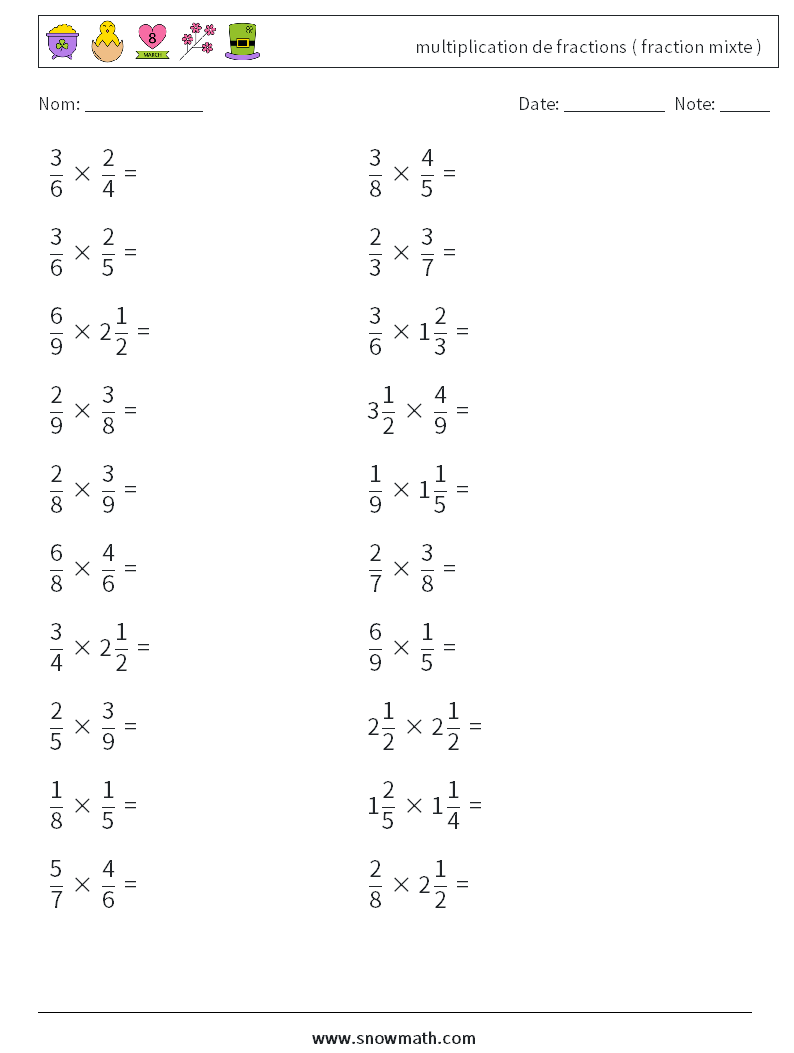 (20) multiplication de fractions ( fraction mixte ) Fiches d'Exercices de Mathématiques 3