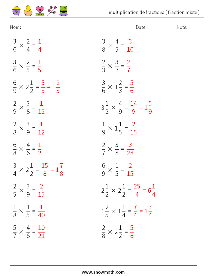 (20) multiplication de fractions ( fraction mixte ) Fiches d'Exercices de Mathématiques 3 Question, Réponse