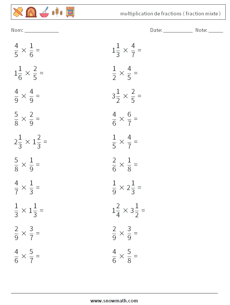 (20) multiplication de fractions ( fraction mixte ) Fiches d'Exercices de Mathématiques 4