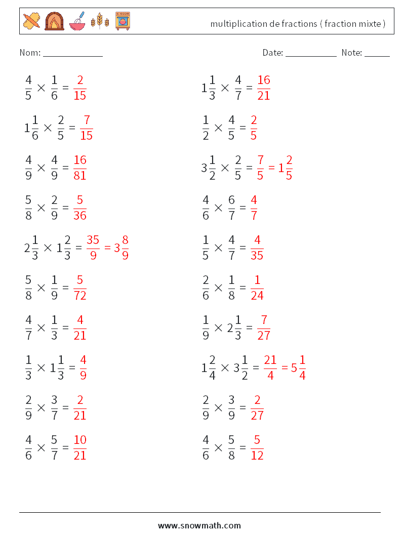 (20) multiplication de fractions ( fraction mixte ) Fiches d'Exercices de Mathématiques 4 Question, Réponse