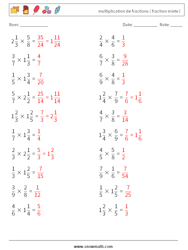 (20) multiplication de fractions ( fraction mixte ) Fiches d'Exercices de Mathématiques 5 Question, Réponse