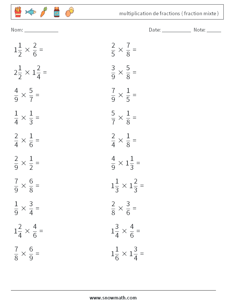 (20) multiplication de fractions ( fraction mixte ) Fiches d'Exercices de Mathématiques 6