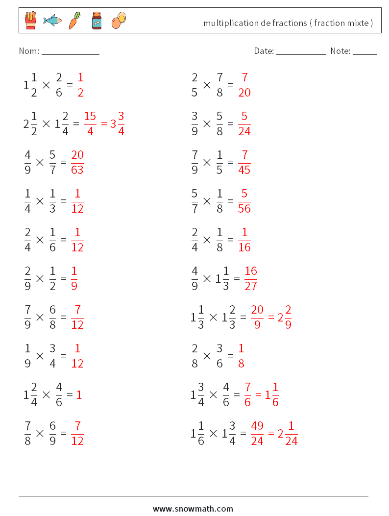 (20) multiplication de fractions ( fraction mixte ) Fiches d'Exercices de Mathématiques 6 Question, Réponse
