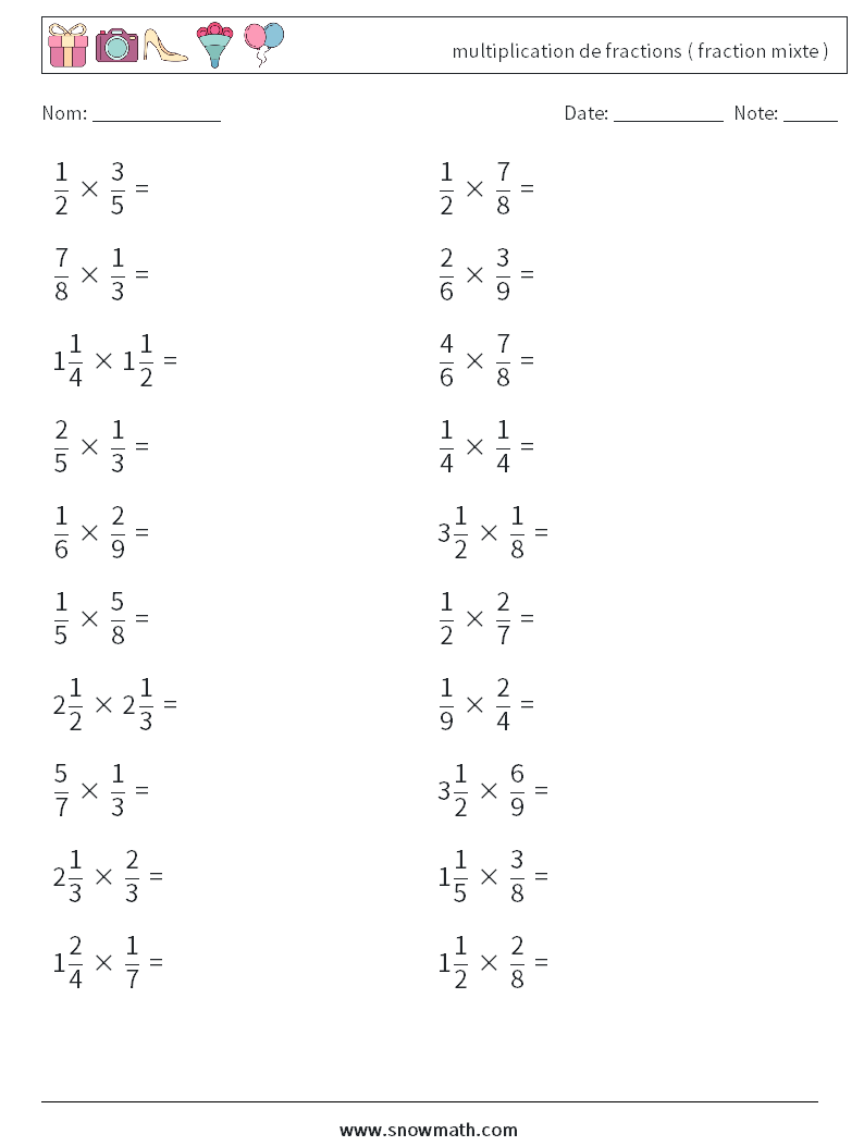(20) multiplication de fractions ( fraction mixte ) Fiches d'Exercices de Mathématiques 7