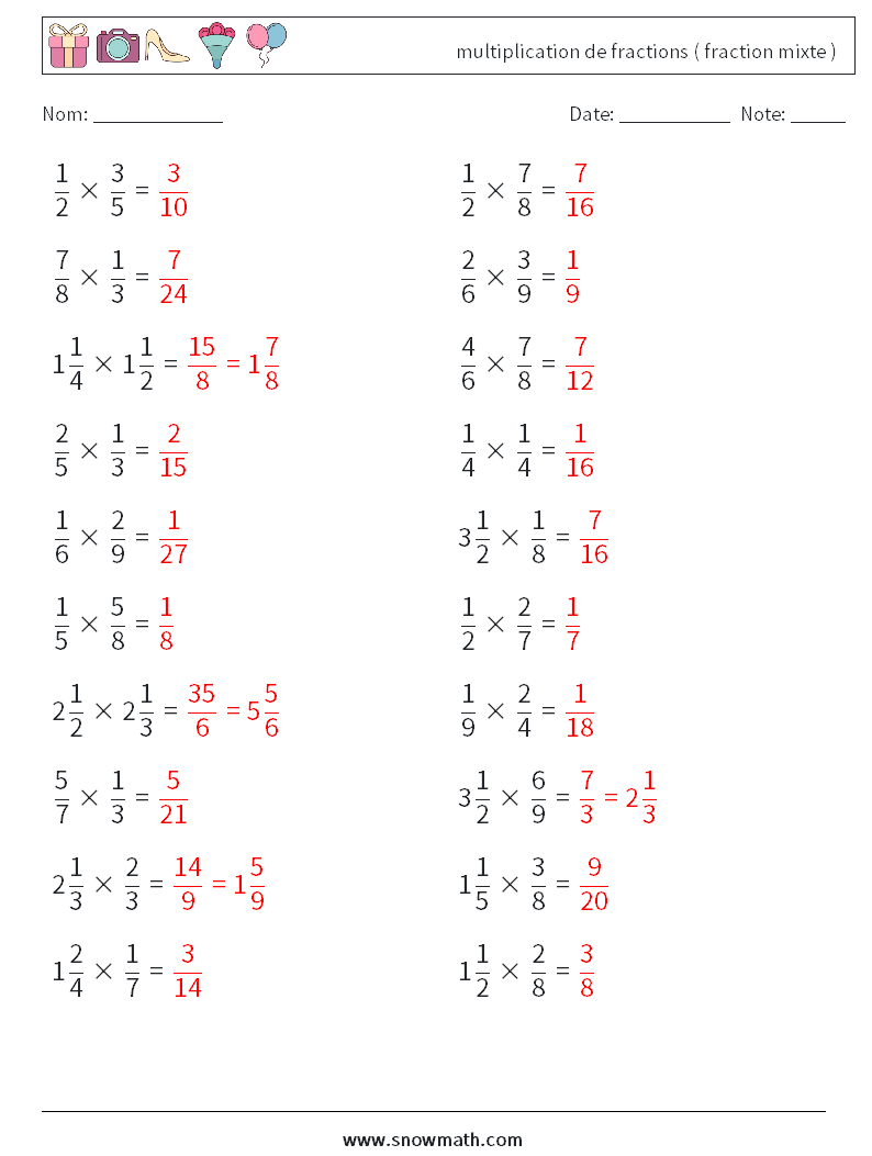 (20) multiplication de fractions ( fraction mixte ) Fiches d'Exercices de Mathématiques 7 Question, Réponse