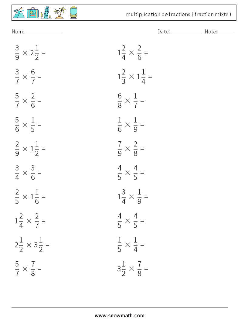 (20) multiplication de fractions ( fraction mixte ) Fiches d'Exercices de Mathématiques 8