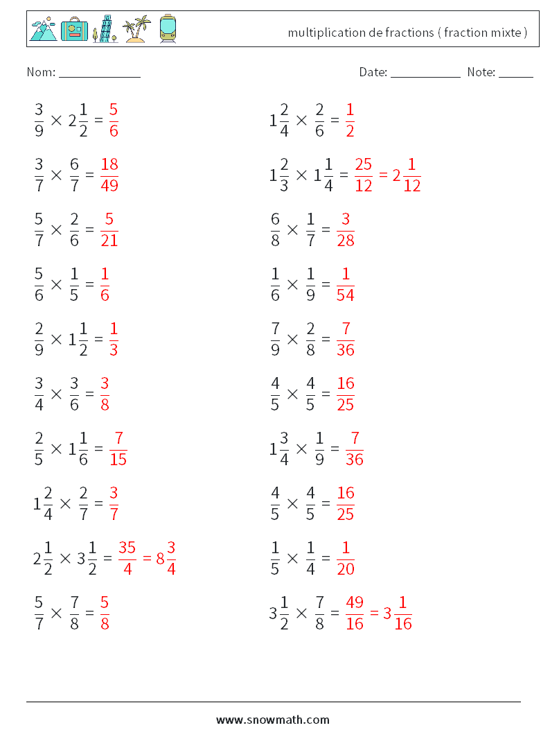 (20) multiplication de fractions ( fraction mixte ) Fiches d'Exercices de Mathématiques 8 Question, Réponse
