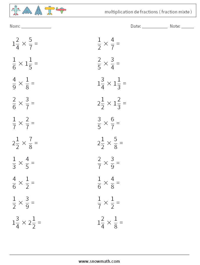 (20) multiplication de fractions ( fraction mixte ) Fiches d'Exercices de Mathématiques 9