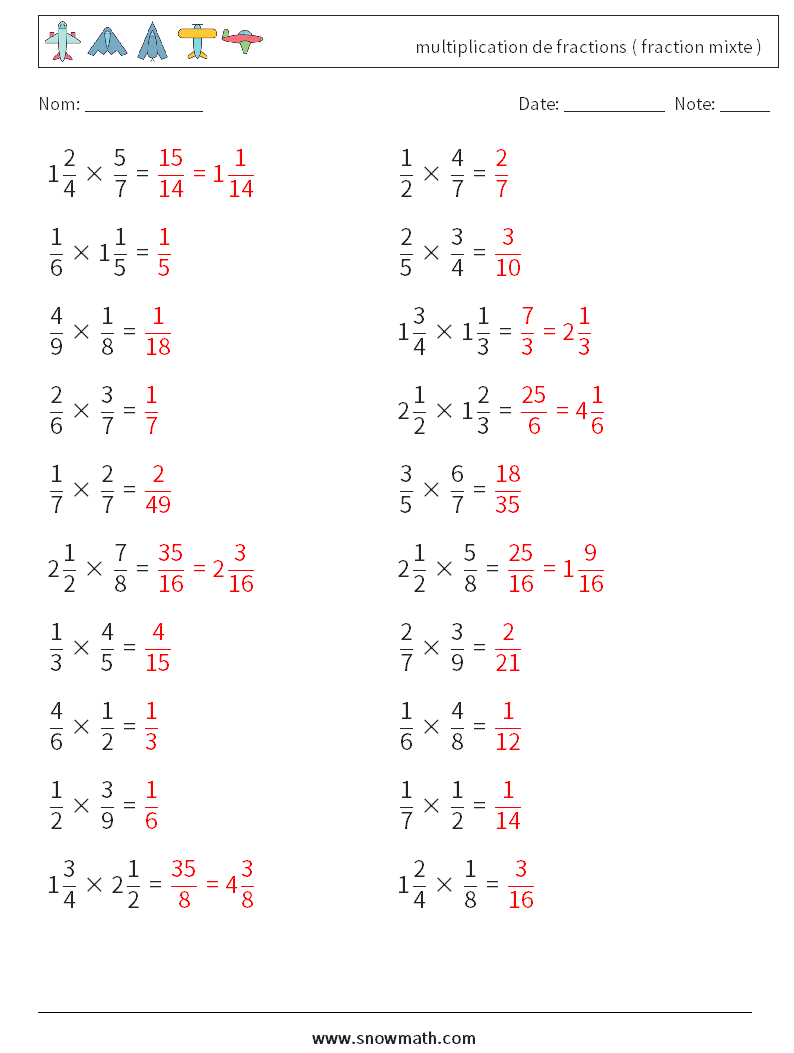 (20) multiplication de fractions ( fraction mixte ) Fiches d'Exercices de Mathématiques 9 Question, Réponse
