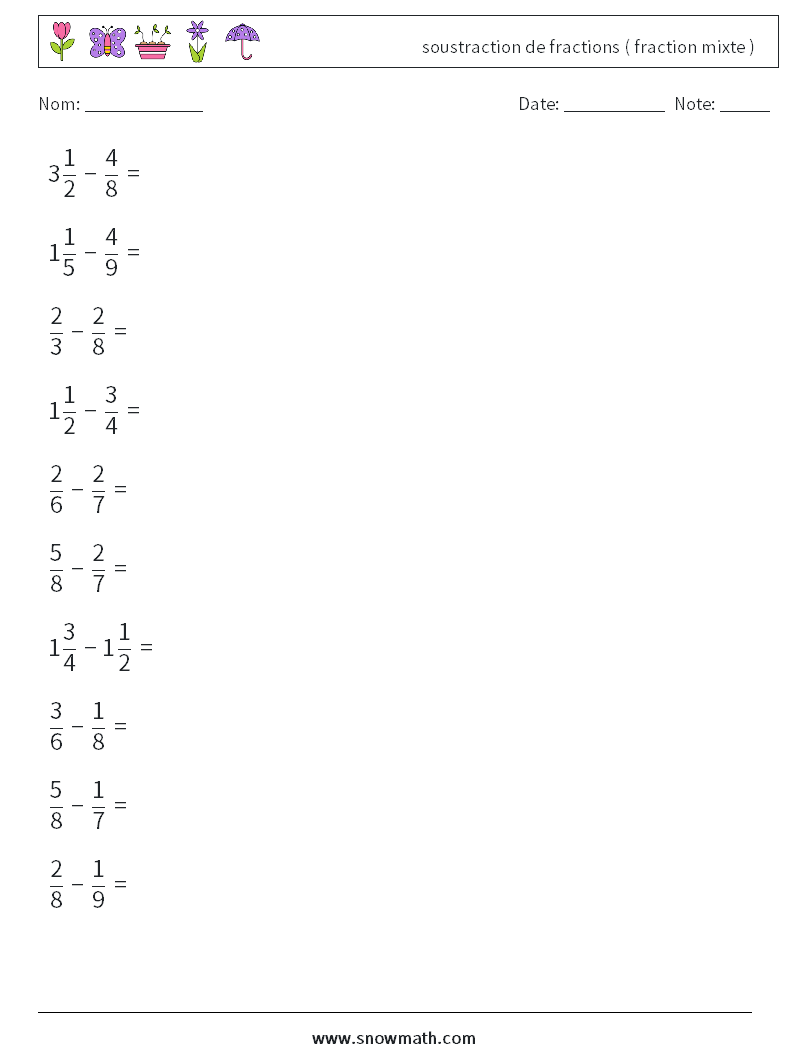(10) soustraction de fractions ( fraction mixte ) Fiches d'Exercices de Mathématiques 3