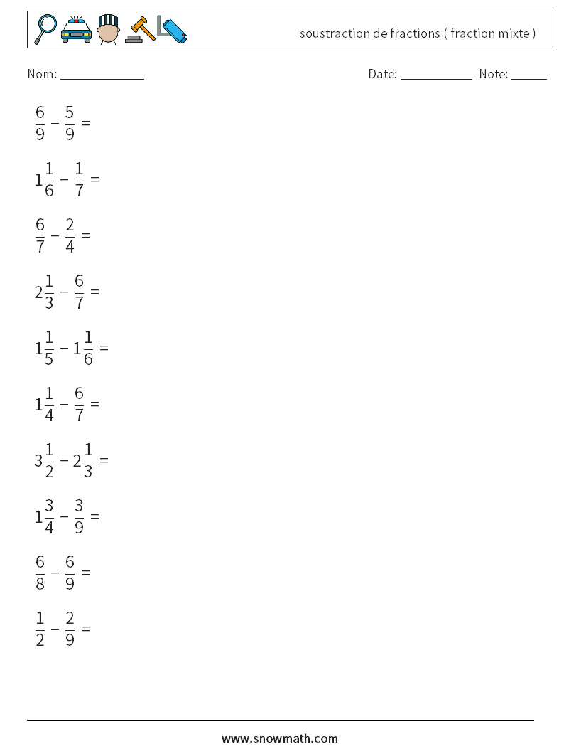 (10) soustraction de fractions ( fraction mixte ) Fiches d'Exercices de Mathématiques 5