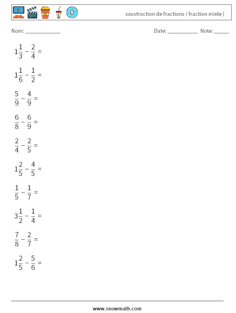 (10) soustraction de fractions ( fraction mixte ) Fiches d'Exercices de Mathématiques 6