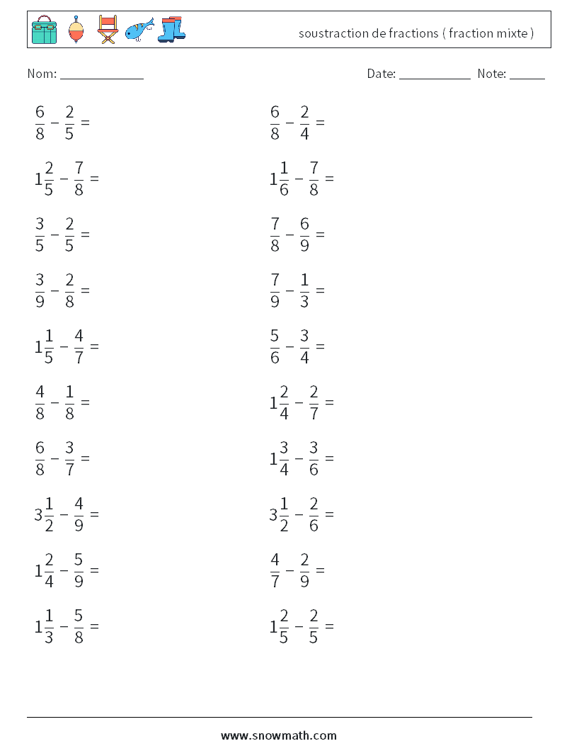 (20) soustraction de fractions ( fraction mixte ) Fiches d'Exercices de Mathématiques 1