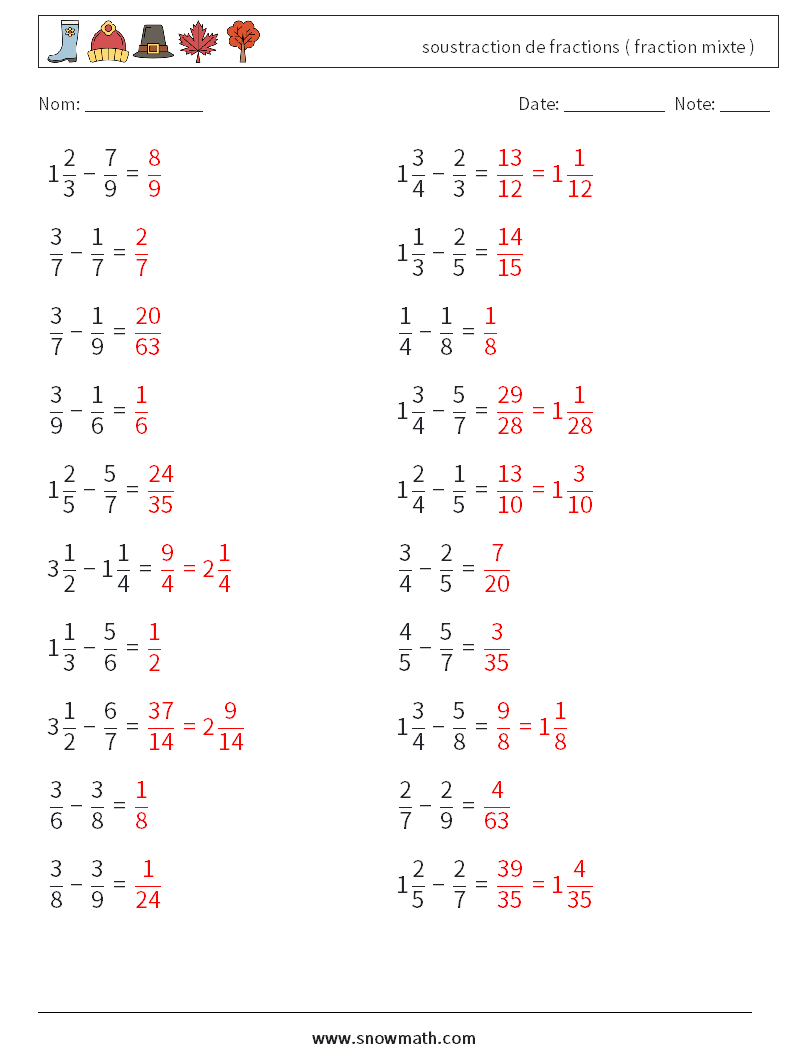 (20) soustraction de fractions ( fraction mixte ) Fiches d'Exercices de Mathématiques 11 Question, Réponse