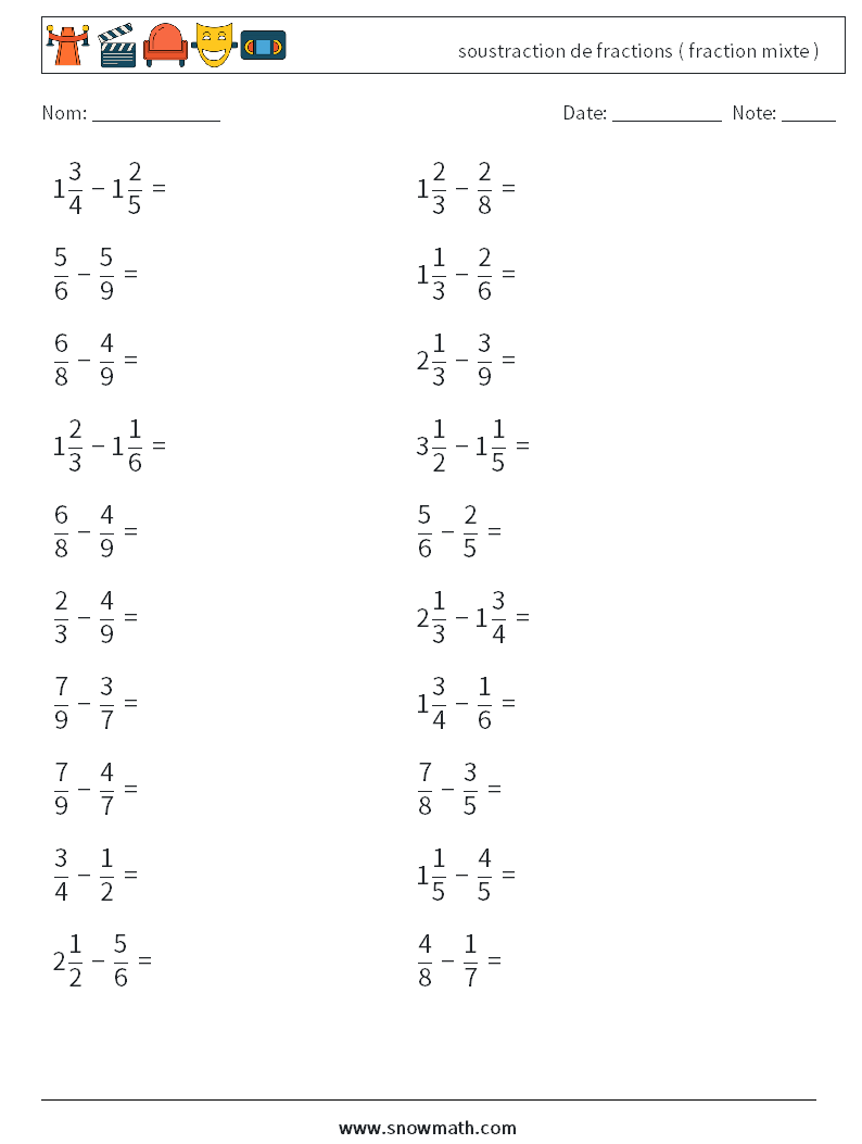 (20) soustraction de fractions ( fraction mixte ) Fiches d'Exercices de Mathématiques 12