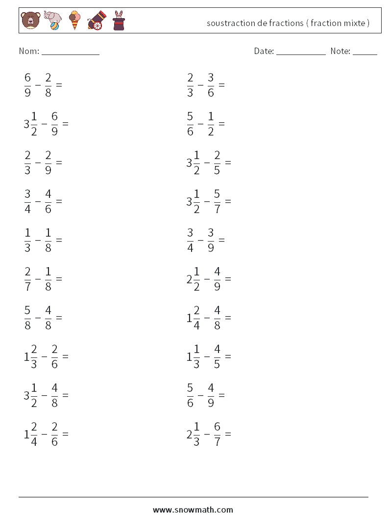 (20) soustraction de fractions ( fraction mixte ) Fiches d'Exercices de Mathématiques 14