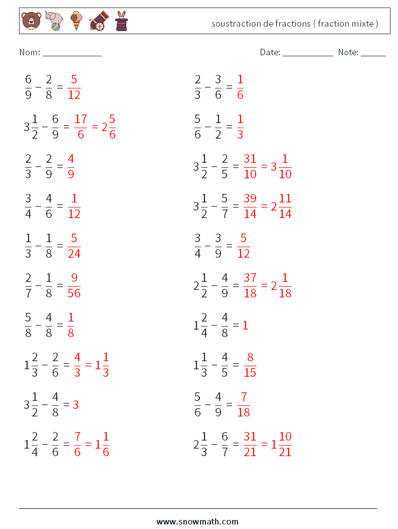 (20) soustraction de fractions ( fraction mixte ) Fiches d'Exercices de Mathématiques 14 Question, Réponse