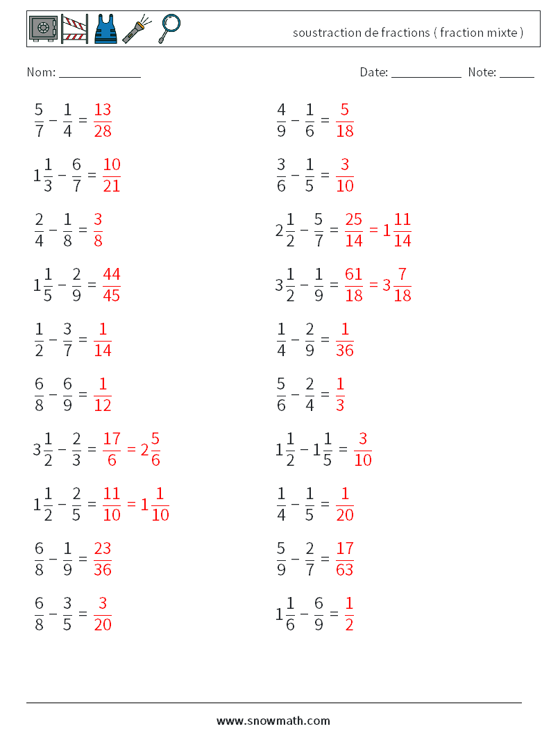 (20) soustraction de fractions ( fraction mixte ) Fiches d'Exercices de Mathématiques 17 Question, Réponse