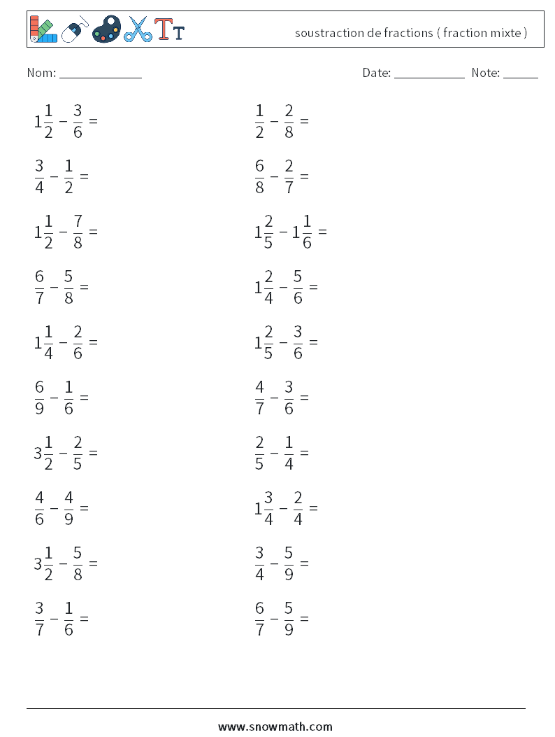 (20) soustraction de fractions ( fraction mixte ) Fiches d'Exercices de Mathématiques 18