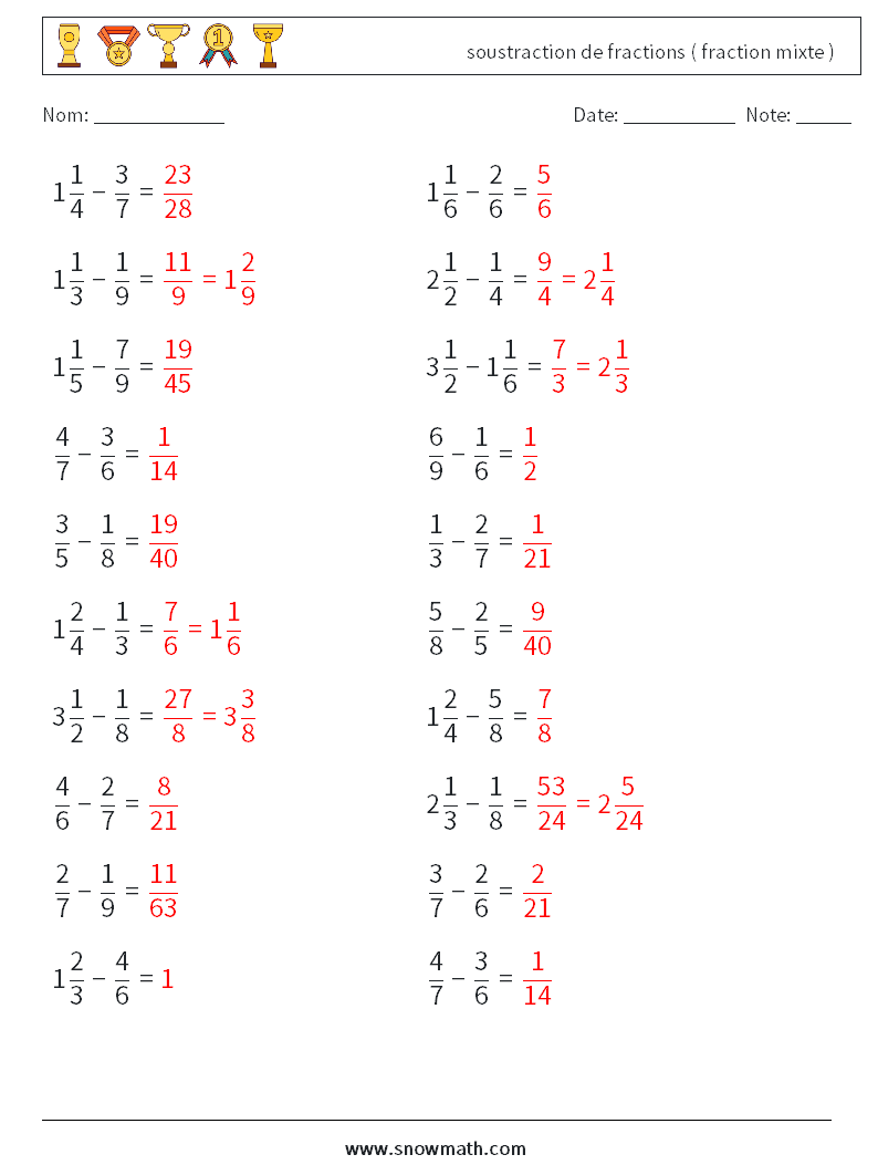 (20) soustraction de fractions ( fraction mixte ) Fiches d'Exercices de Mathématiques 3 Question, Réponse