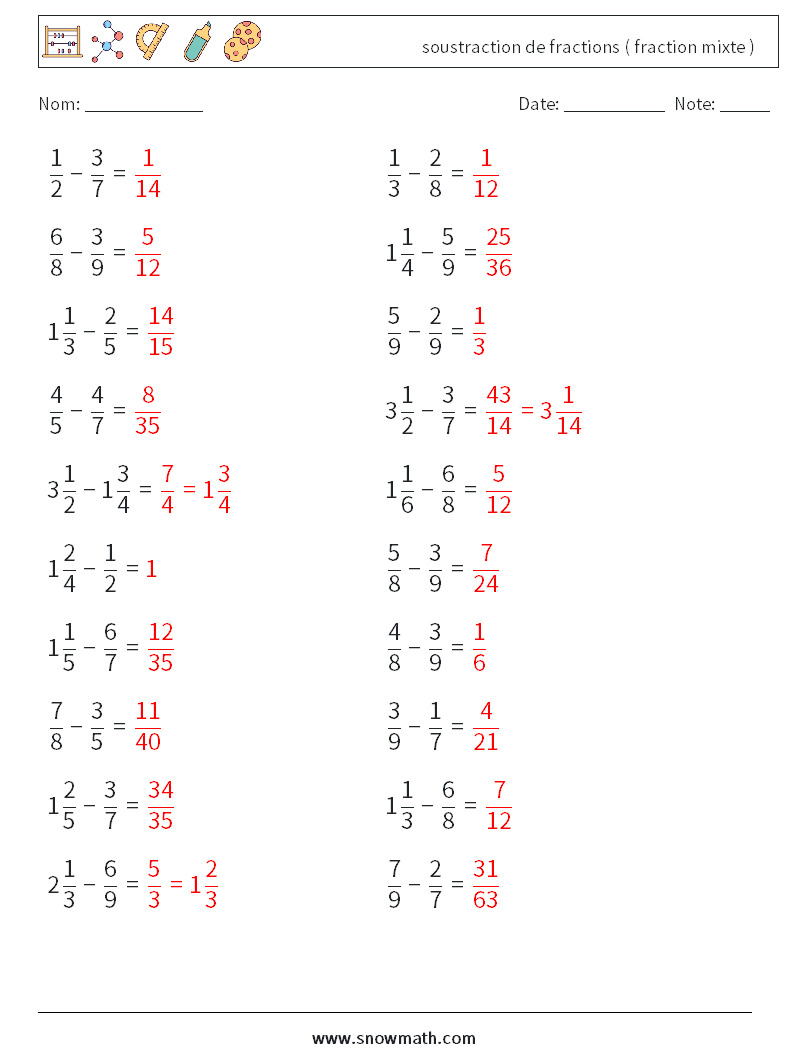 (20) soustraction de fractions ( fraction mixte ) Fiches d'Exercices de Mathématiques 4 Question, Réponse