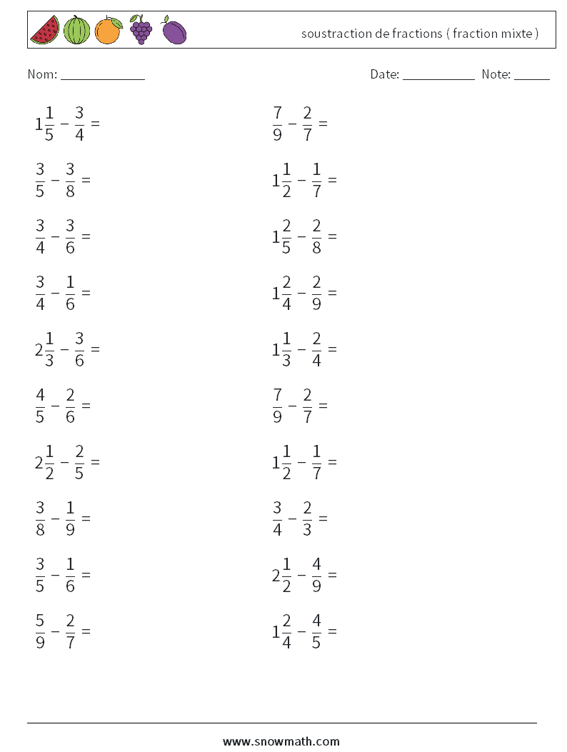 (20) soustraction de fractions ( fraction mixte ) Fiches d'Exercices de Mathématiques 5