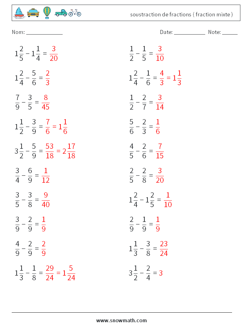(20) soustraction de fractions ( fraction mixte ) Fiches d'Exercices de Mathématiques 8 Question, Réponse