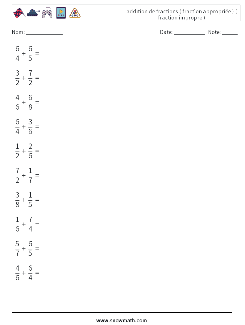 (10) addition de fractions ( fraction appropriée ) ( fraction impropre )