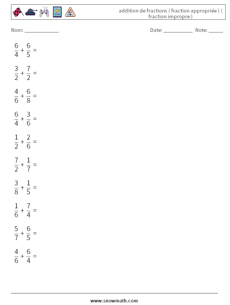 (10) addition de fractions ( fraction appropriée ) ( fraction impropre ) Fiches d'Exercices de Mathématiques 1