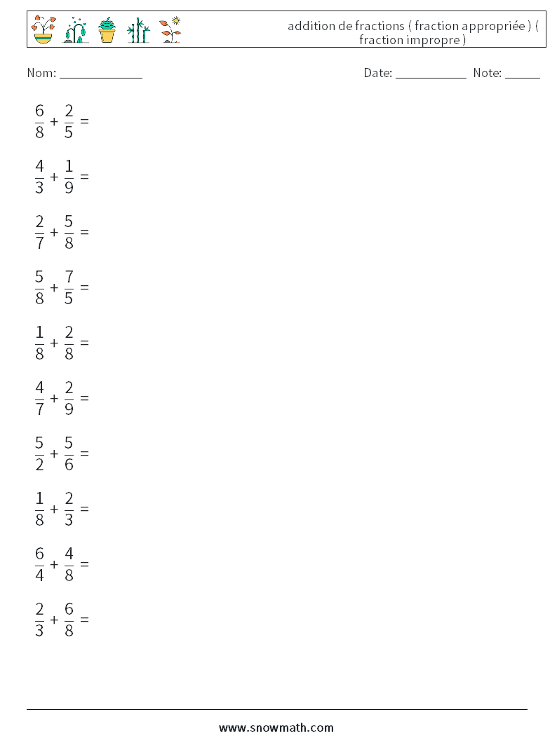 (10) addition de fractions ( fraction appropriée ) ( fraction impropre ) Fiches d'Exercices de Mathématiques 10