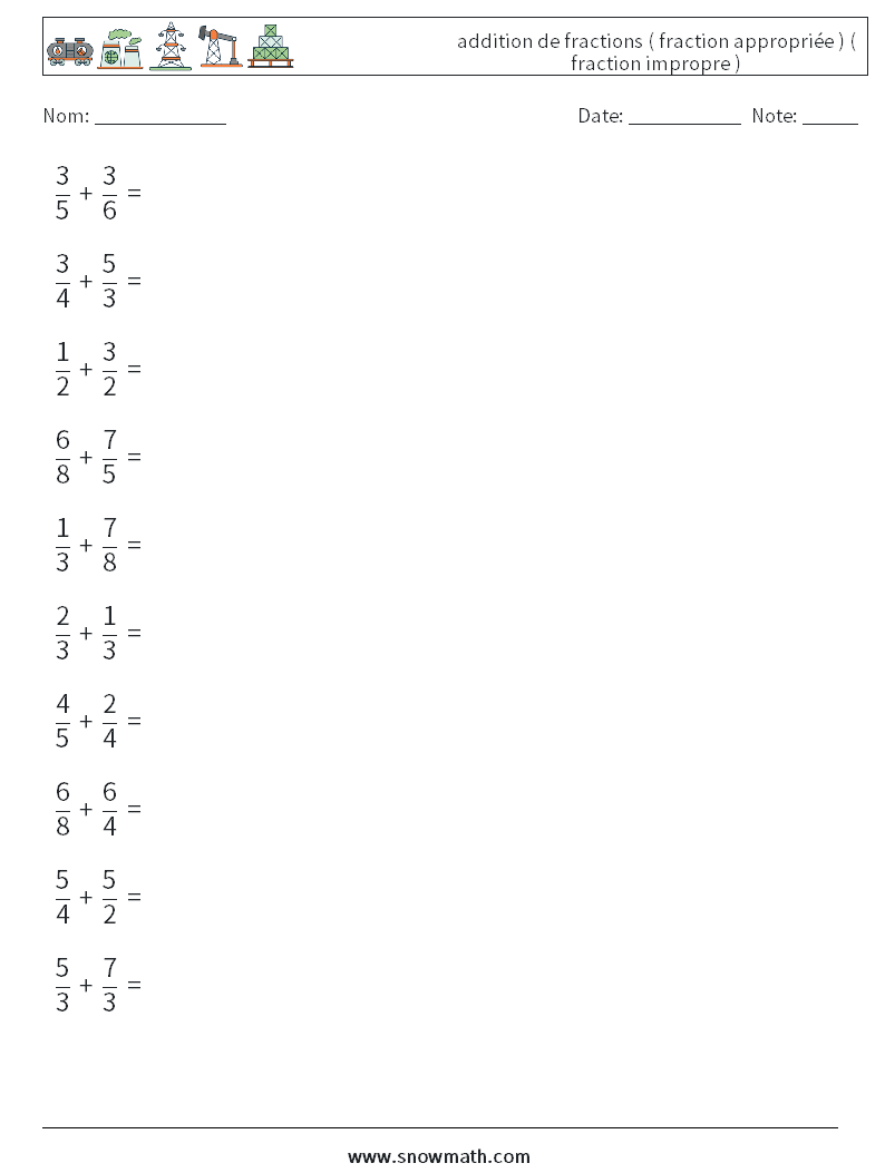 (10) addition de fractions ( fraction appropriée ) ( fraction impropre ) Fiches d'Exercices de Mathématiques 11