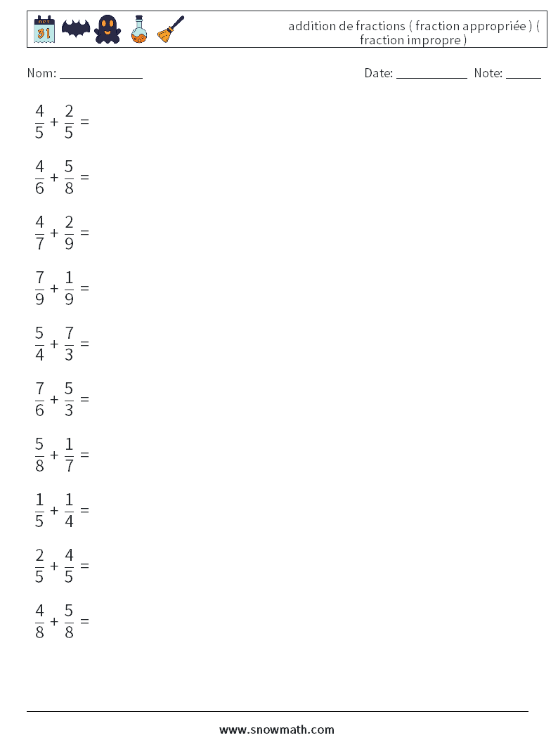 (10) addition de fractions ( fraction appropriée ) ( fraction impropre ) Fiches d'Exercices de Mathématiques 12