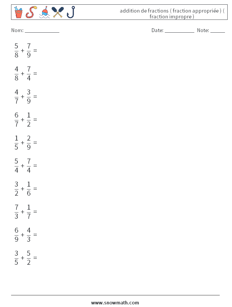 (10) addition de fractions ( fraction appropriée ) ( fraction impropre ) Fiches d'Exercices de Mathématiques 13