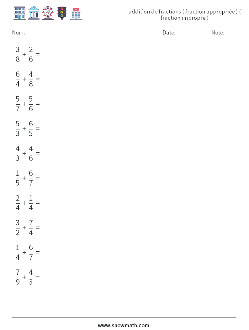 (10) addition de fractions ( fraction appropriée ) ( fraction impropre ) Fiches d'Exercices de Mathématiques 14