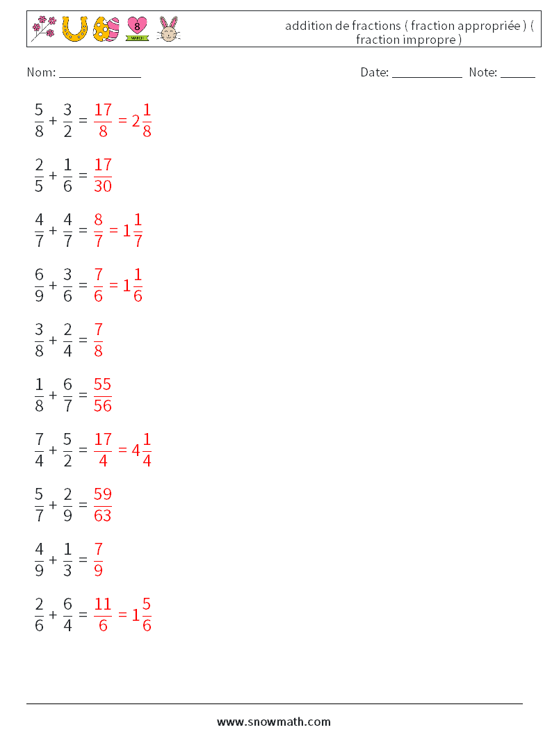 (10) addition de fractions ( fraction appropriée ) ( fraction impropre ) Fiches d'Exercices de Mathématiques 16 Question, Réponse