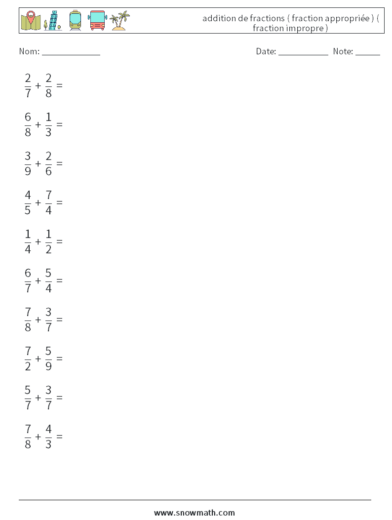 (10) addition de fractions ( fraction appropriée ) ( fraction impropre ) Fiches d'Exercices de Mathématiques 2