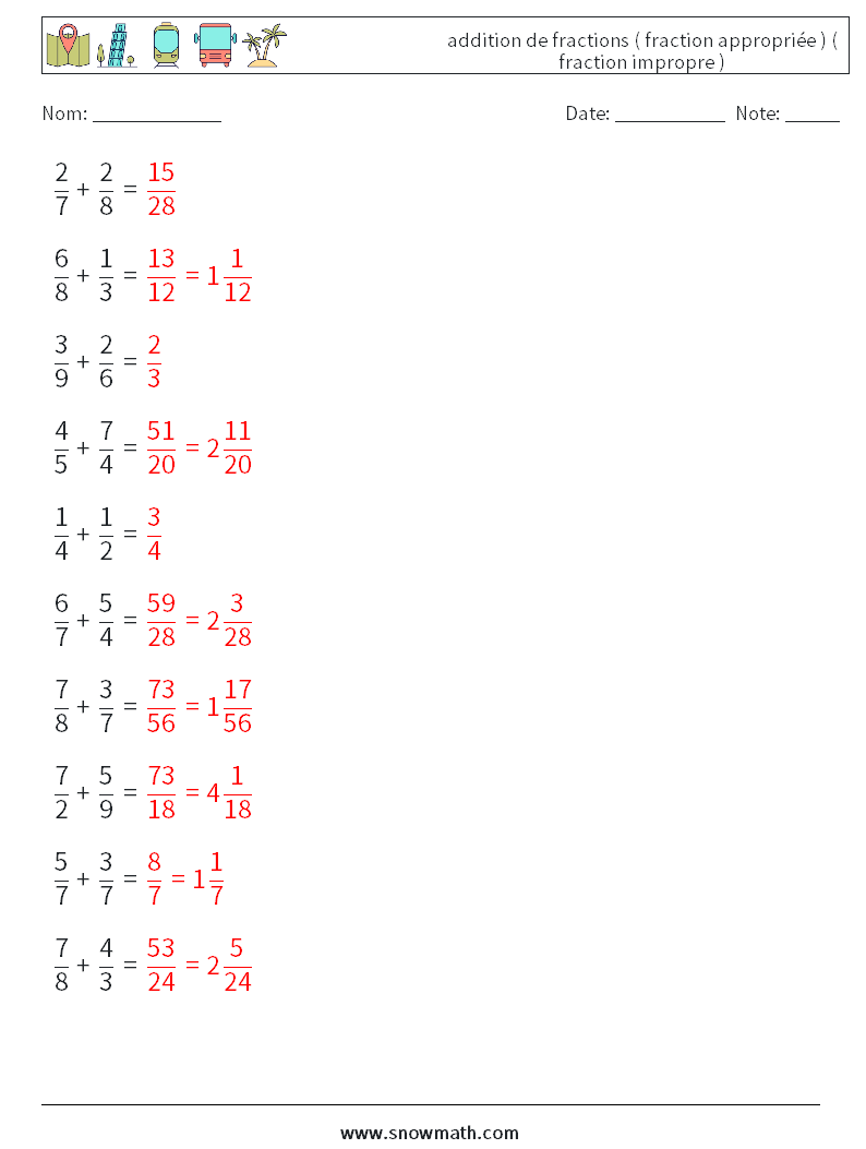 (10) addition de fractions ( fraction appropriée ) ( fraction impropre ) Fiches d'Exercices de Mathématiques 2 Question, Réponse