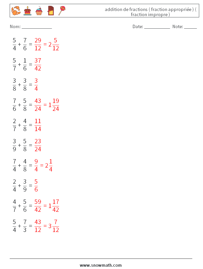 (10) addition de fractions ( fraction appropriée ) ( fraction impropre ) Fiches d'Exercices de Mathématiques 3 Question, Réponse