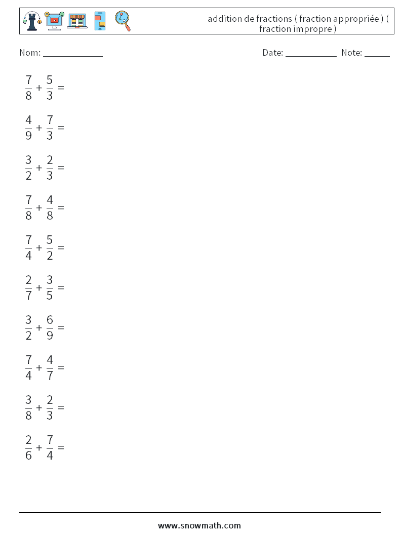 (10) addition de fractions ( fraction appropriée ) ( fraction impropre ) Fiches d'Exercices de Mathématiques 5