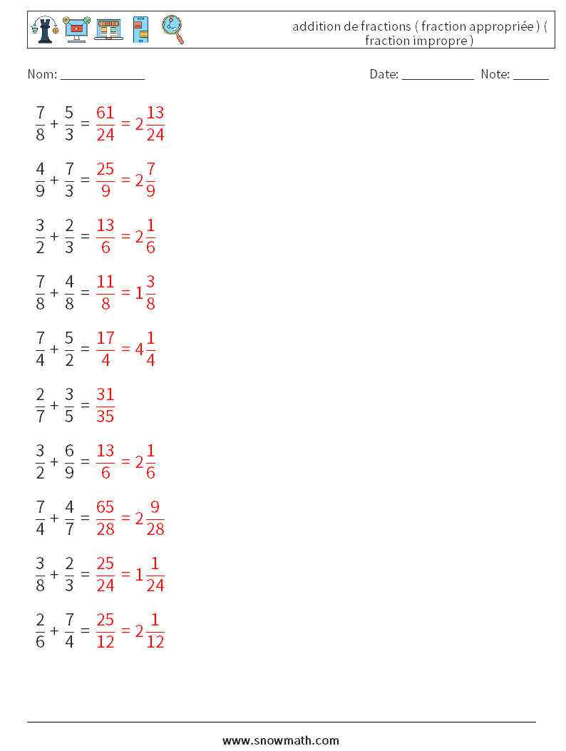 (10) addition de fractions ( fraction appropriée ) ( fraction impropre ) Fiches d'Exercices de Mathématiques 5 Question, Réponse