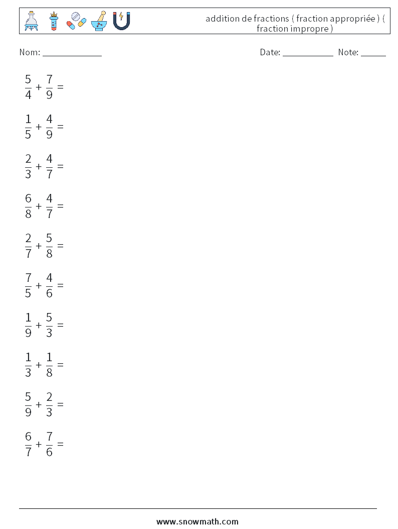 (10) addition de fractions ( fraction appropriée ) ( fraction impropre ) Fiches d'Exercices de Mathématiques 6