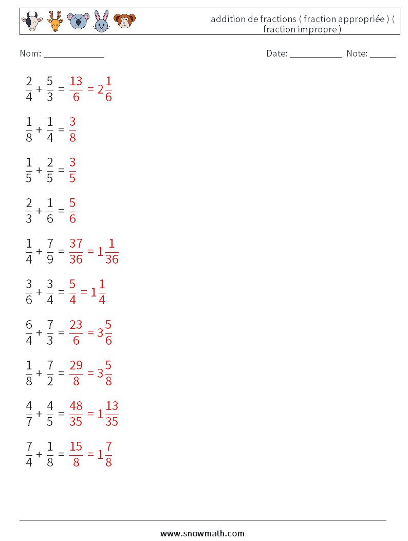 (10) addition de fractions ( fraction appropriée ) ( fraction impropre ) Fiches d'Exercices de Mathématiques 7 Question, Réponse