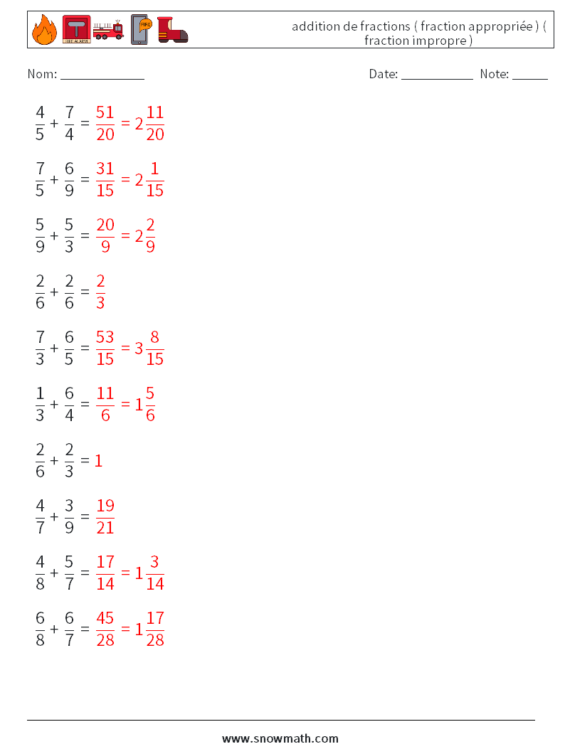 (10) addition de fractions ( fraction appropriée ) ( fraction impropre ) Fiches d'Exercices de Mathématiques 9 Question, Réponse