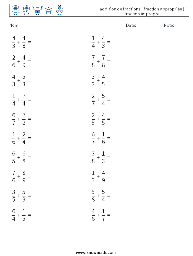 (20) addition de fractions ( fraction appropriée ) ( fraction impropre ) Fiches d'Exercices de Mathématiques 1