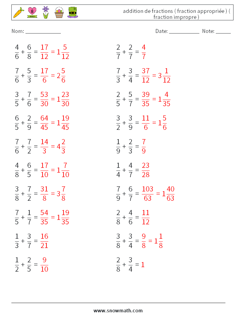 (20) addition de fractions ( fraction appropriée ) ( fraction impropre ) Fiches d'Exercices de Mathématiques 10 Question, Réponse
